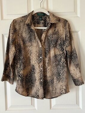 Lauren Ralph Lauren Snake Print Button Front Shirt Brown Black LP Petite